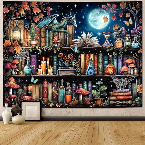 Accnicc Dragon Bookshelf Tapestry Witchy Mushroom Bookshelf Tapestries Wall Hanging Gothic Medieval Fantasy Moon Dark Academia Book Large Tapestry for Bedroom Living Room Dorm 80 x 60 inch - Image 1