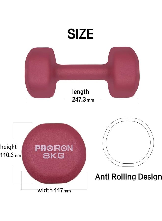 PROIRON مجموعة دمبلز نيونبرين من برو إيرون أوزان تمارين ولياقة بدنية (8كجم×2 نبيذ أحمر) - Image 2