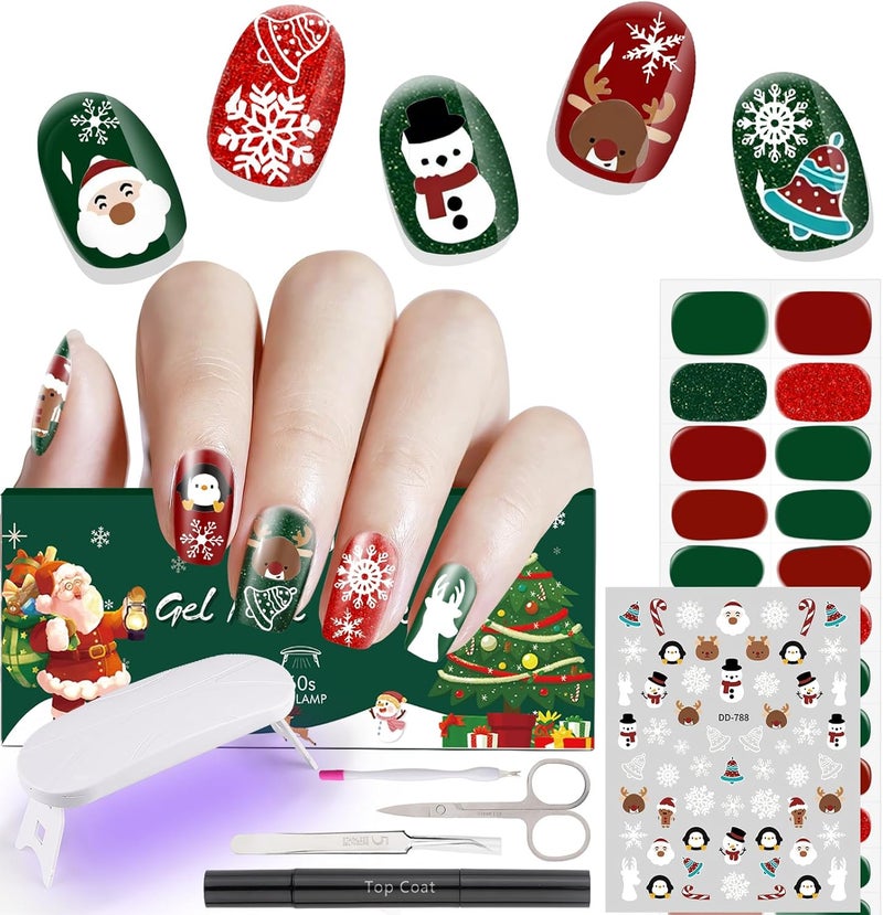 EBANKU Christmas Semi Cured Gel Nail Strips with UV Light, 3D Nail Art Decals, 24PCS Snowman Snowflake Self-Adhesive Christmas Gel Nail Stickers Kit with Top Coat, Nail Tools for DIY Decoration