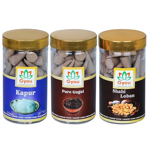 GYOU Gugal, Loban and Kapoor Flavour Dhoop Cones for Pooja, Pack of 3 (300 Grams) Incense Cone with Holder, Non-Charcoal & Bamboo Less Dhup Batti (300 Grams) - Image 1
