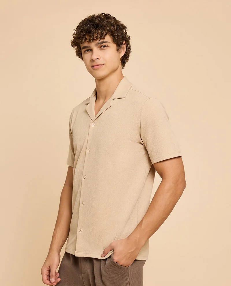 أر أند بي Textured Shirt with Revere Collar and Short Sleeves