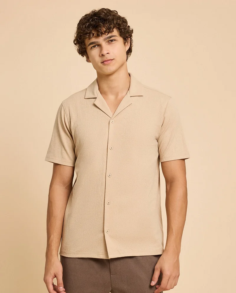 أر أند بي Textured Shirt with Revere Collar and Short Sleeves
