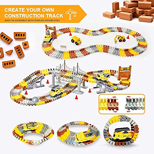 Mini Tudou Construction Race Tracks Set Flexible Train Tracks w 2 Electric Construction Race Vehicles wLights STEM Engineering Race Track Toys with Dump Truck Crane Assort Acessories for Boys Girls - Image 5