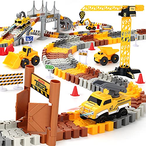 Mini Tudou Construction Race Tracks Set Flexible Train Tracks w 2 Electric Construction Race Vehicles wLights STEM Engineering Race Track Toys with Dump Truck Crane Assort Acessories for Boys Girls - Image 1