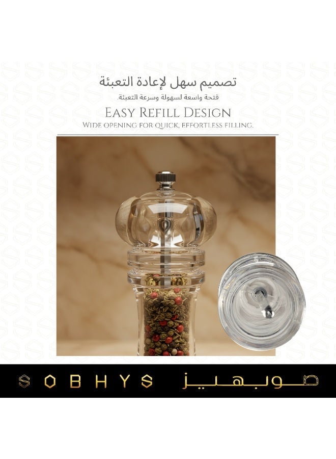 SOBHYS Acrylic Salt & Pepper Grinder 18.5 cm – Adjustable Ceramic Coarseness, Refillable Clear Peppercorn Mill, Premium Transparent Design, Rust-Resistant High-Precision Grinding – SOBHYS - Image 4