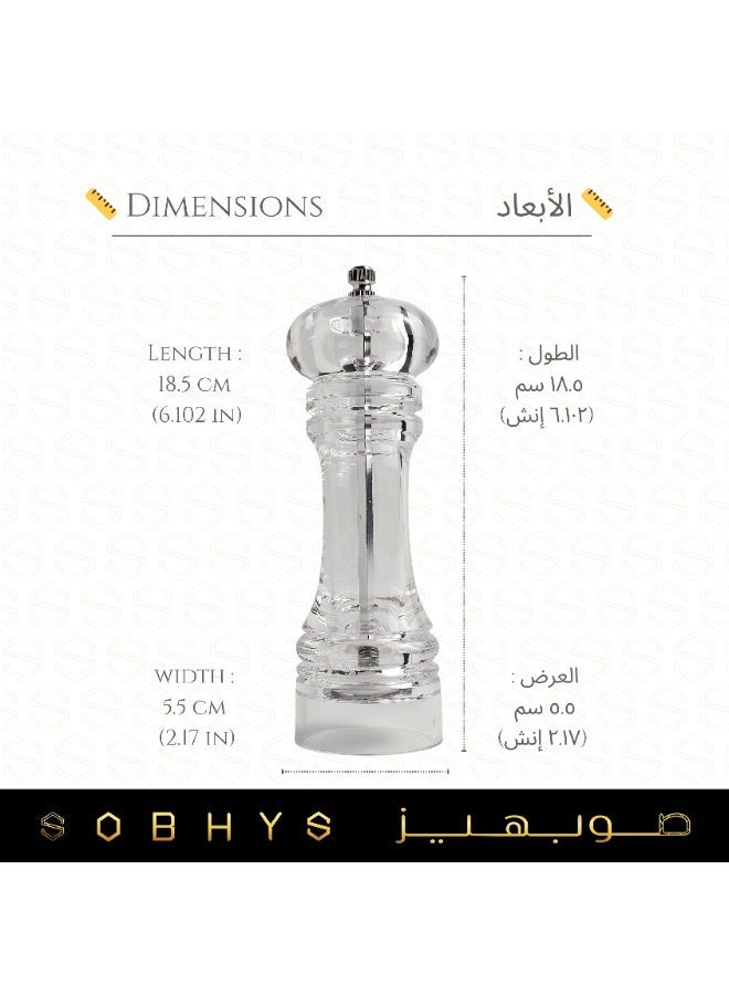 SOBHYS Acrylic Salt & Pepper Grinder 18.5 cm – Adjustable Ceramic Coarseness, Refillable Clear Peppercorn Mill, Premium Transparent Design, Rust-Resistant High-Precision Grinding – SOBHYS - Image 2