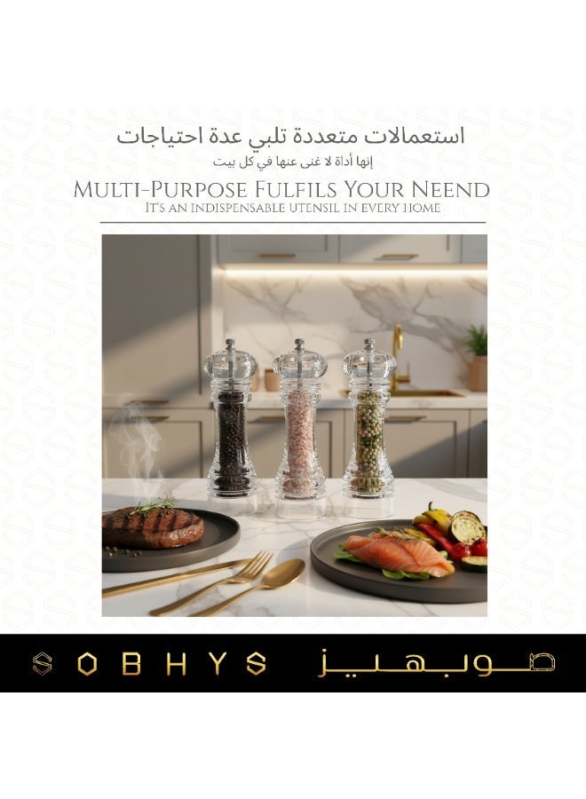 SOBHYS Acrylic Salt & Pepper Grinder 18.5 cm – Adjustable Ceramic Coarseness, Refillable Clear Peppercorn Mill, Premium Transparent Design, Rust-Resistant High-Precision Grinding – SOBHYS - Image 3