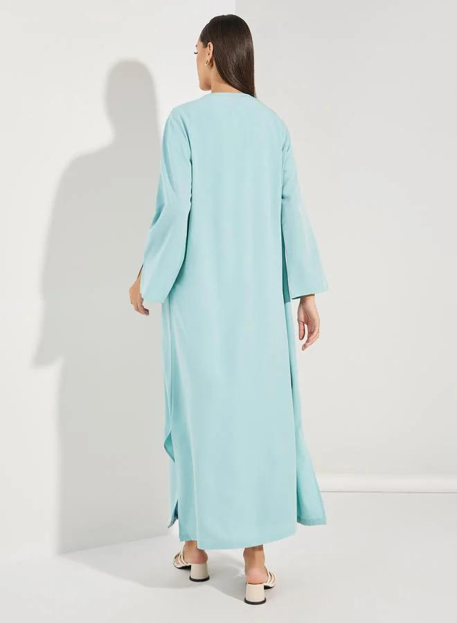 Styli Textured Abaya with Tie Front and Slit Sleeve Detail