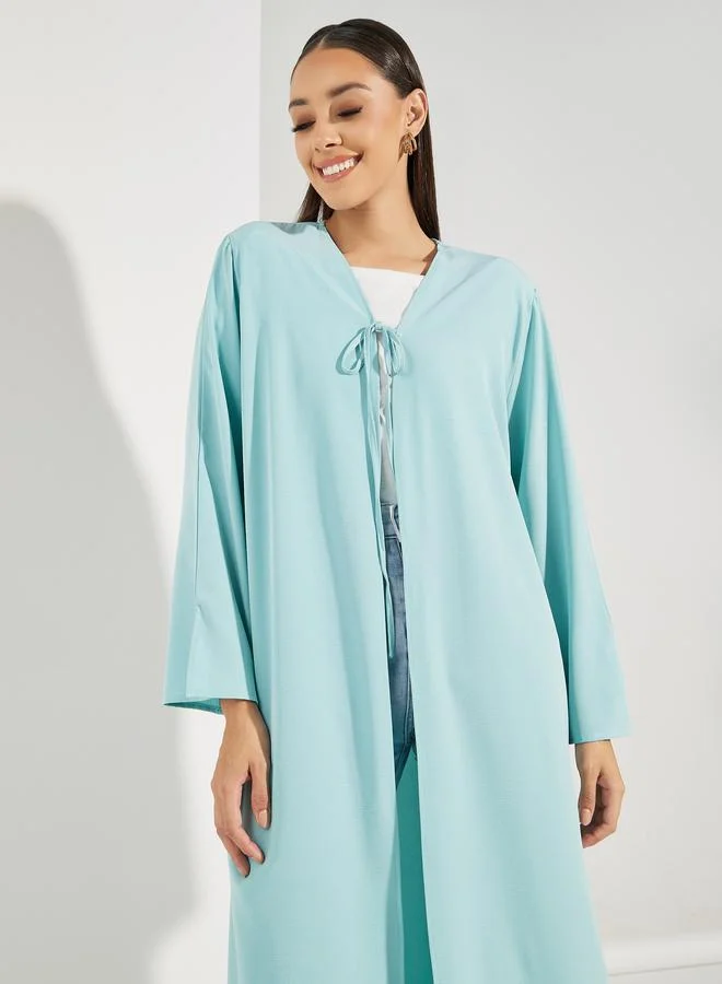 Styli Textured Abaya with Tie Front and Slit Sleeve Detail