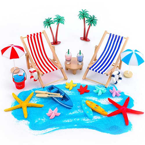 Minatee 25 Pcs Beach Miniature Dollhouse Decoration, Umbrella Palm Chair Miniature Toys Garden Dollhouse Outdoor Accessories Beach Decorations for DIY Garden Plant Pool(Red, Blue) - Image 1