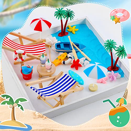 Minatee 25 Pcs Beach Miniature Dollhouse Decoration, Umbrella Palm Chair Miniature Toys Garden Dollhouse Outdoor Accessories Beach Decorations for DIY Garden Plant Pool(Red, Blue) - Image 3