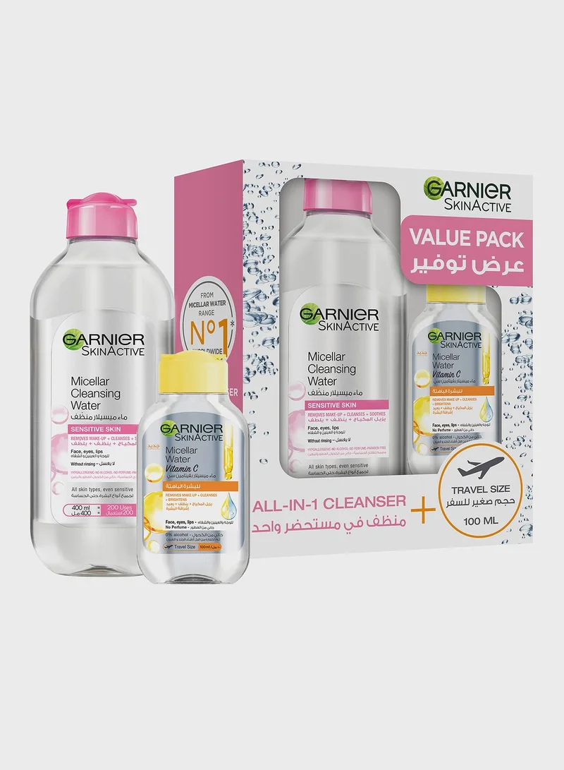 garnier SkinActive Micellar Cleansing Water Classic 400ml + Micellar Water Bright with Vitamin C 100ml