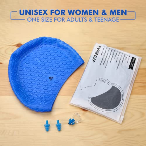 Primalite Silicone Swimming Cap with Nose Clip & Ear Plug- Long & Short Hair, Cover Ears to Keep Hair Dry, Waterproof Swim Caps, Anti-Slip Comfortable High Elasticity- Adults Men Women Kids- Dark Blue - Image 5