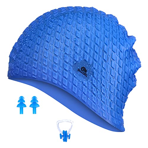 Primalite Silicone Swimming Cap with Nose Clip & Ear Plug- Long & Short Hair, Cover Ears to Keep Hair Dry, Waterproof Swim Caps, Anti-Slip Comfortable High Elasticity- Adults Men Women Kids- Dark Blue - Image 1