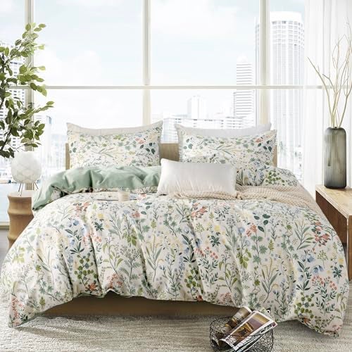 BUPIRD King Duvet Cover Cotton Floral 100% Soft Cotton 3 Pieces Bedding Set for Girls Fresh Chic Garden Style Green Botanical Floral Pattern Printed King Flowers Duvet Cover, with Zipper Closure - Image 1