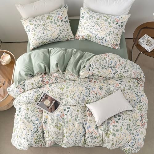 BUPIRD King Duvet Cover Cotton Floral 100% Soft Cotton 3 Pieces Bedding Set for Girls Fresh Chic Garden Style Green Botanical Floral Pattern Printed King Flowers Duvet Cover, with Zipper Closure - Image 4