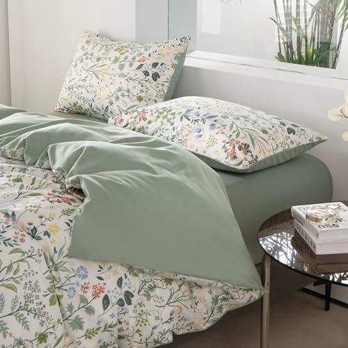 BUPIRD King Duvet Cover Cotton Floral 100% Soft Cotton 3 Pieces Bedding Set for Girls Fresh Chic Garden Style Green Botanical Floral Pattern Printed King Flowers Duvet Cover, with Zipper Closure - Image 5