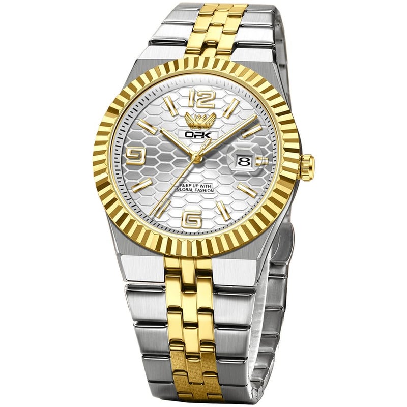 OPK Watch for Men Gold White Business Large Analog Quartz Stainless Steel Day Date Waterproof Luminous Casual Wrist Watches - Image 1