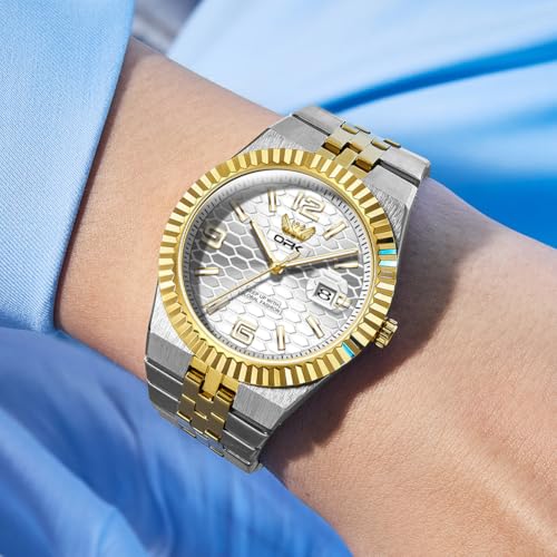 OPK Watch for Men Gold White Business Large Analog Quartz Stainless Steel Day Date Waterproof Luminous Casual Wrist Watches - Image 3