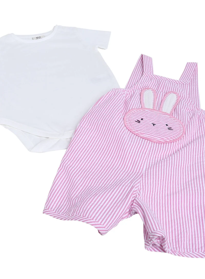 Victor And Jane  Infant Girls Bodysuit & Purple Stripe Dungaree Romper Set with Bunny Appliqué for Women | Best Price UAE
