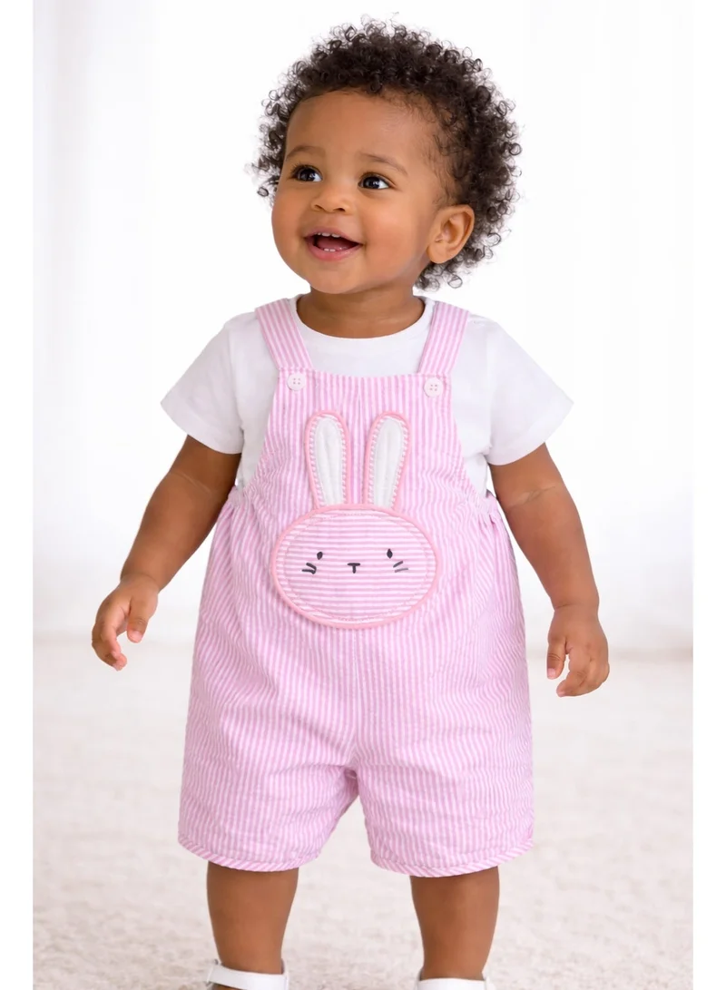 Victor And Jane Infant Girls Bodysuit & Purple Stripe Dungaree Romper Set with Bunny Appliqué