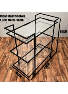 HOME TASTE Metal Serving Trolley Stylish Bar Cart And Kitchen Storage Organizer With 3 Clear Glass Shelves, 1.3Cm Thick Metal Frame, Lockable Wheels Perfect For Home Style 1, Small 80X40X90Cm  - Image 2