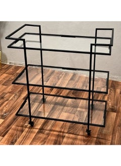 HOME TASTE Metal Serving Trolley Stylish Bar Cart And Kitchen Storage Organizer With 3 Clear Glass Shelves, 1.3Cm Thick Metal Frame, Lockable Wheels Perfect For Home Style 1, Small 80X40X90Cm  - Image 3
