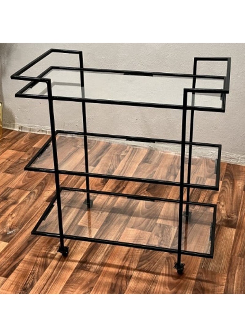 HOME TASTE Metal Serving Trolley Stylish Bar Cart And Kitchen Storage Organizer With 3 Clear Glass Shelves, 1.3Cm Thick Metal Frame, Lockable Wheels Perfect For Home Style 1, Small 80X40X90Cm  - Image 3