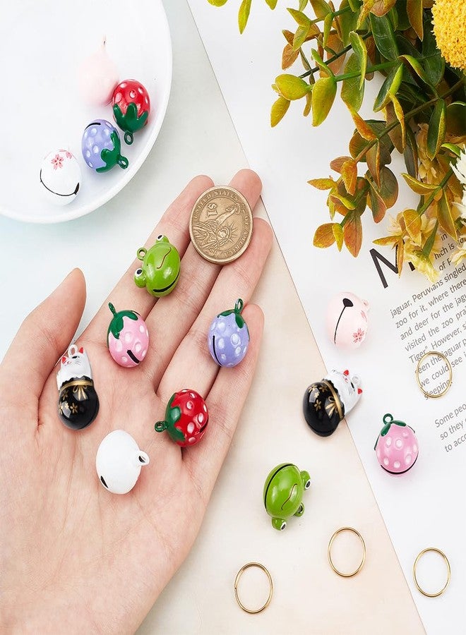 CHGCRAFT 14Pcs 7 Styles Pet Collar Bells Brass Cherry Panda Frog Strawberry Charm Cat Collar Bell Pet Pendant Accessories with Stainless Steel Double Loops Jump Rings for Potty Training - Image 3