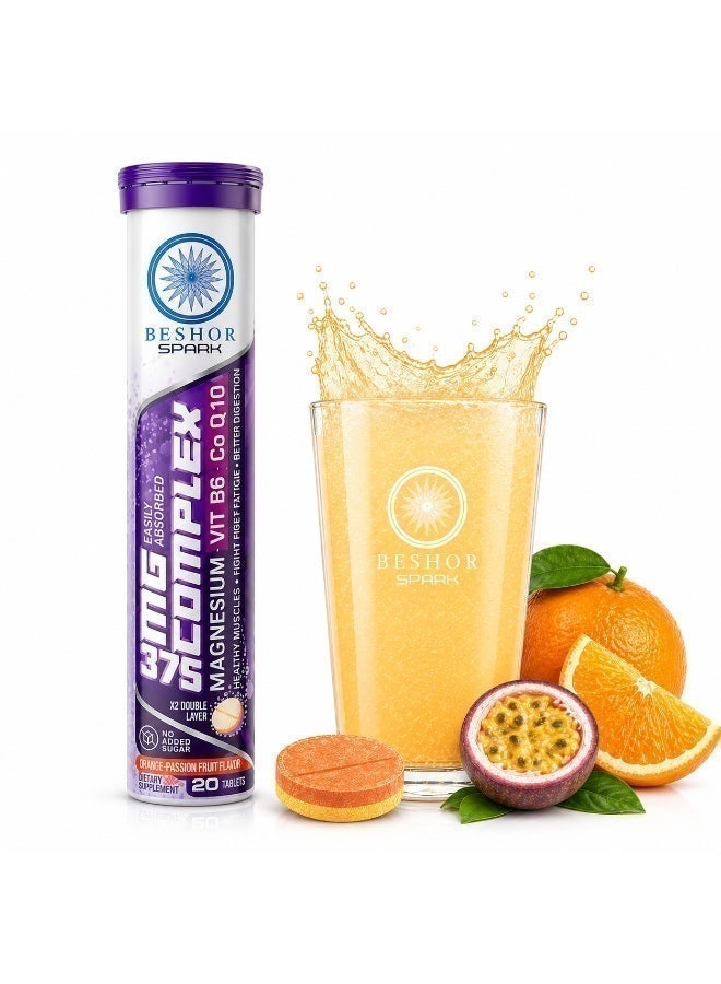 BESHOR Magnesium Citrate Effervescent 375mg + Vitamin B6 + CoQ10, 20 tablets,  Passion Fruit Flavor - Image 1