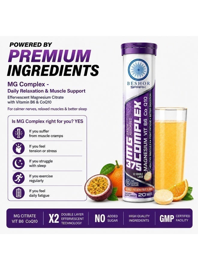 BESHOR Magnesium Citrate Effervescent 375mg + Vitamin B6 + CoQ10, 20 tablets,  Passion Fruit Flavor - Image 4