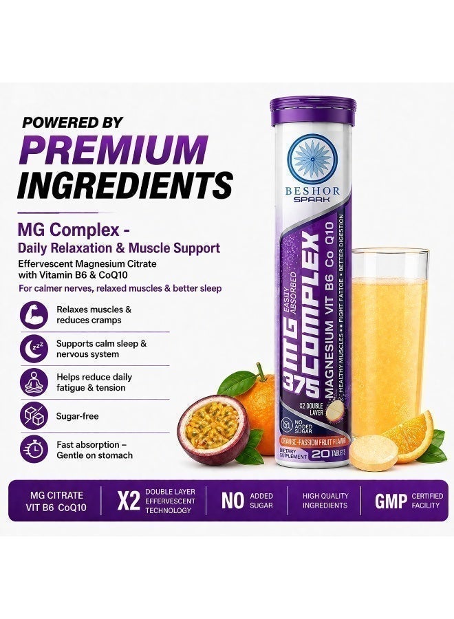 BESHOR Magnesium Citrate Effervescent 375mg + Vitamin B6 + CoQ10, 20 tablets,  Passion Fruit Flavor - Image 2