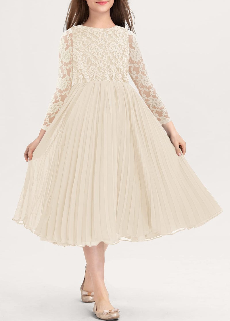 HOSIKA Flower Girl Dress Elegant Vintage Lace 3/4 Sleeve A-Line Pleated Formal Wedding Party Dress Apricot 6-12 Years - Image 2