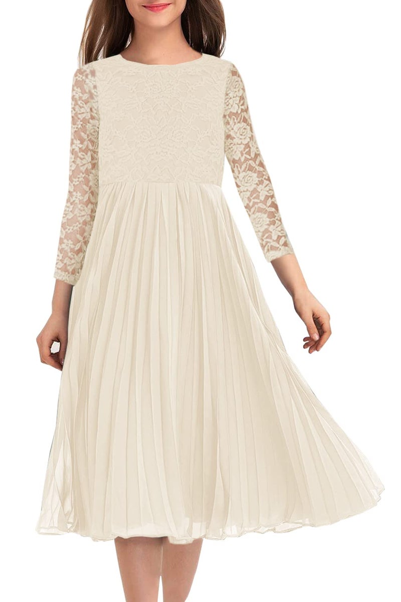 HOSIKA Flower Girl Dress Elegant Vintage Lace 3/4 Sleeve A-Line Pleated Formal Wedding Party Dress Apricot 6-12 Years - Image 1