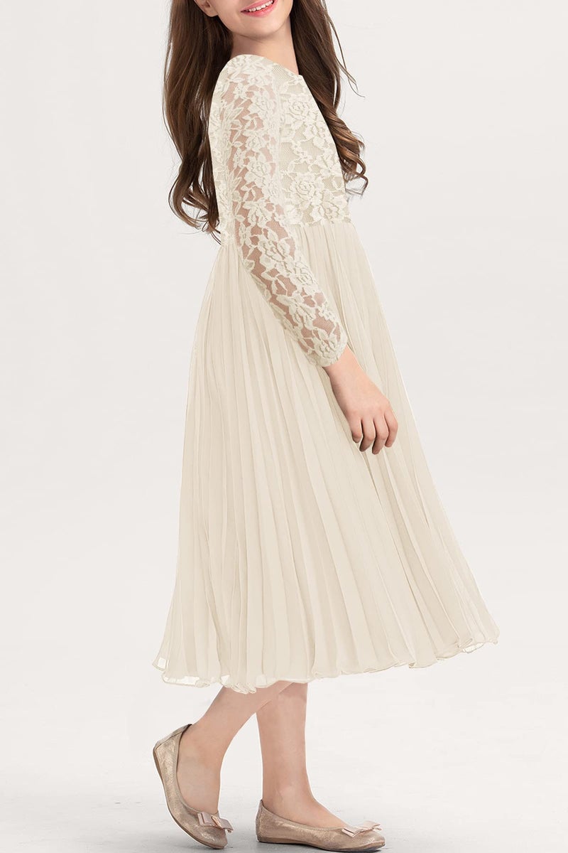 HOSIKA Flower Girl Dress Elegant Vintage Lace 3/4 Sleeve A-Line Pleated Formal Wedding Party Dress Apricot 6-12 Years - Image 4