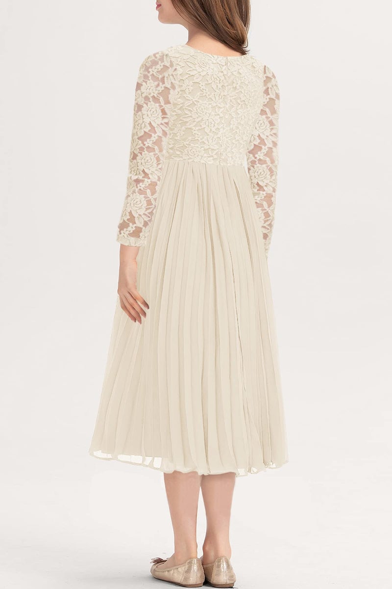 HOSIKA Flower Girl Dress Elegant Vintage Lace 3/4 Sleeve A-Line Pleated Formal Wedding Party Dress Apricot 6-12 Years - Image 5