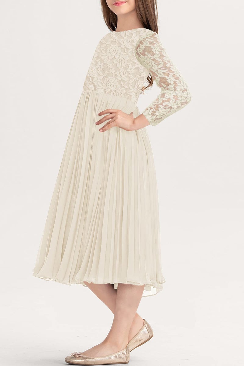 HOSIKA Flower Girl Dress Elegant Vintage Lace 3/4 Sleeve A-Line Pleated Formal Wedding Party Dress Apricot 6-12 Years - Image 3
