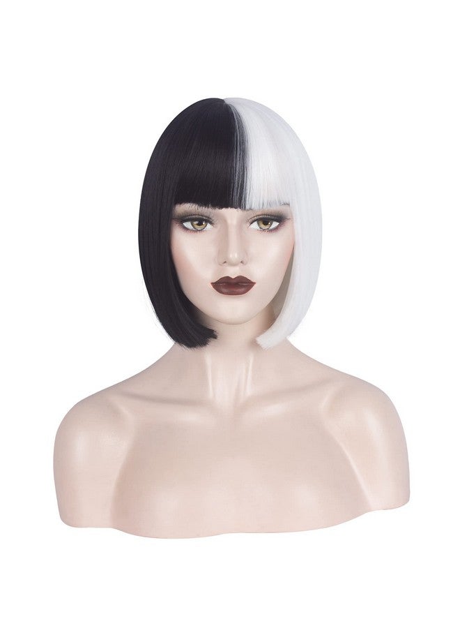 ويكين باروكة شعر مستعار باللونين الأبيض والأسود للفتيات، باروكة قصيرة نصفها أسود ونصفها أبيض مع غرة للنساء، باروكة شعر مستعار صناعية للحفلات اليومية (أسود وأبيض) - Image 1