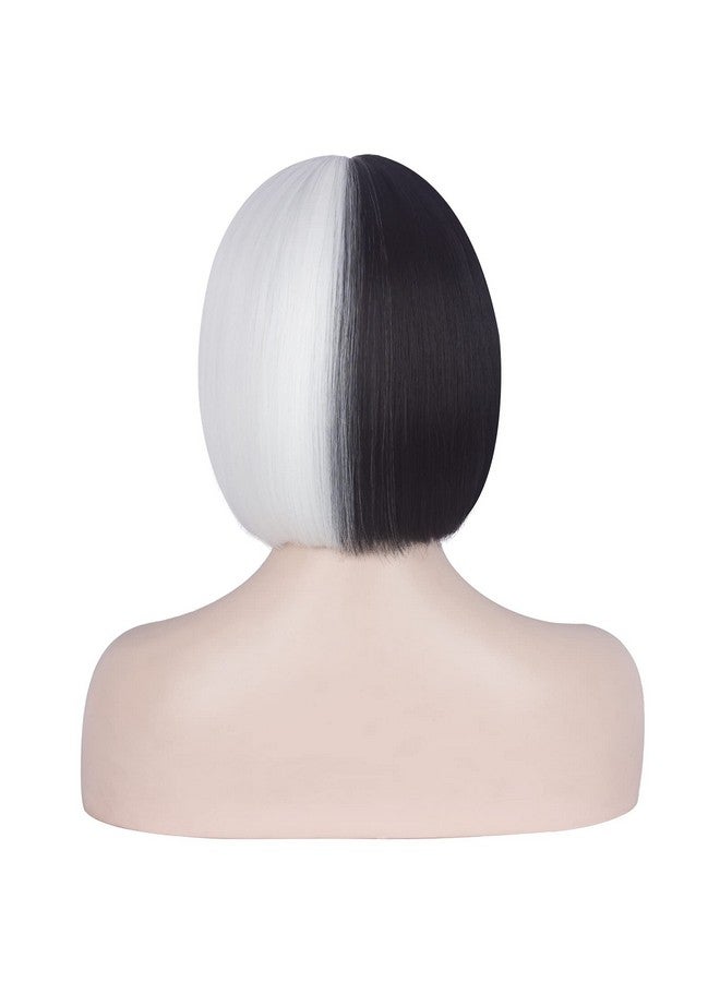 ويكين باروكة شعر مستعار باللونين الأبيض والأسود للفتيات، باروكة قصيرة نصفها أسود ونصفها أبيض مع غرة للنساء، باروكة شعر مستعار صناعية للحفلات اليومية (أسود وأبيض) - Image 2