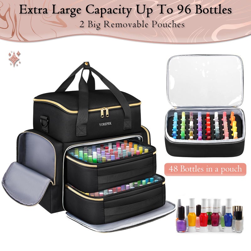 YOREPEK Extra Large Nail Polish Organizer Case Holds 96 to 100+ Bottles (15ml/0.5 fl.oz) UV lamp, Gel Polish Travel Case Bag with 2 Removable Pouches Fits Nail Suppiles, Manicurist Nail Tech Gifts - Image 4