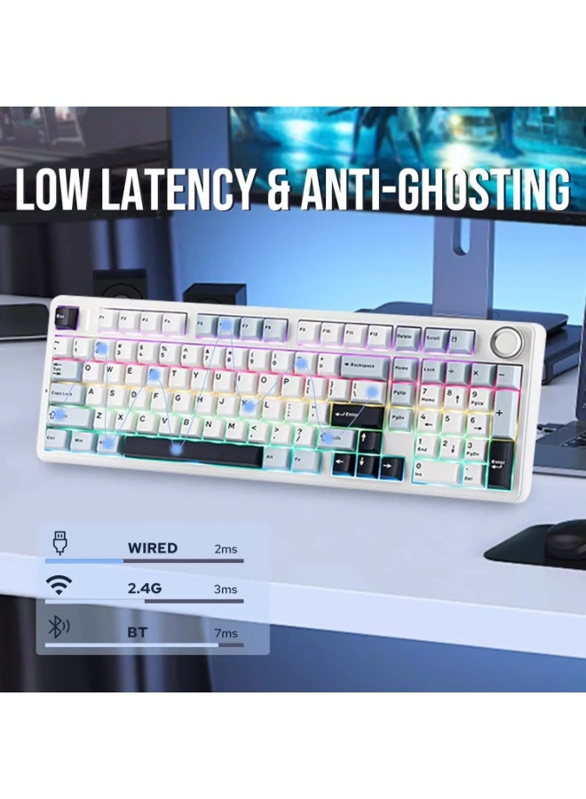 أولا لوحة مفاتيح الألعاب اللاسلكية F99 PRO مزودة ببطارية 8000 مللي أمبير، ولوحة مفاتيح قابلة للتبديل السريع، وتردد 2.4 جيجاهرتز/منفذ Type-C/بلوتوث 5.0، وتقنية NKRO، وإضاءة خلفية RGB لأنظمة ويندوز/ماك/الألعاب. - Image 3