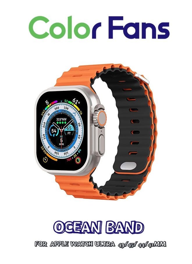 Color Fans - Soft Silicone Ocean Sports Strap Compatible Apple Watch Ultra 49mm 45mm 44mm 42mm for Men Women, Adjustible Watch Band for Apple Watch Ultra/SE/Series 9/8/7/6/5/4/3/2/1 - Orange/Black - Image 1