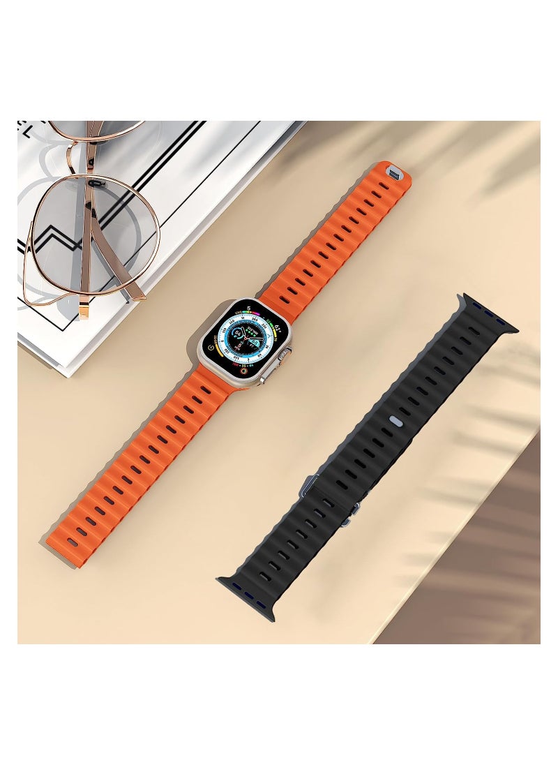Color Fans - Soft Silicone Ocean Sports Strap Compatible Apple Watch Ultra 49mm 45mm 44mm 42mm for Men Women, Adjustible Watch Band for Apple Watch Ultra/SE/Series 9/8/7/6/5/4/3/2/1 - Orange/Black - Image 1