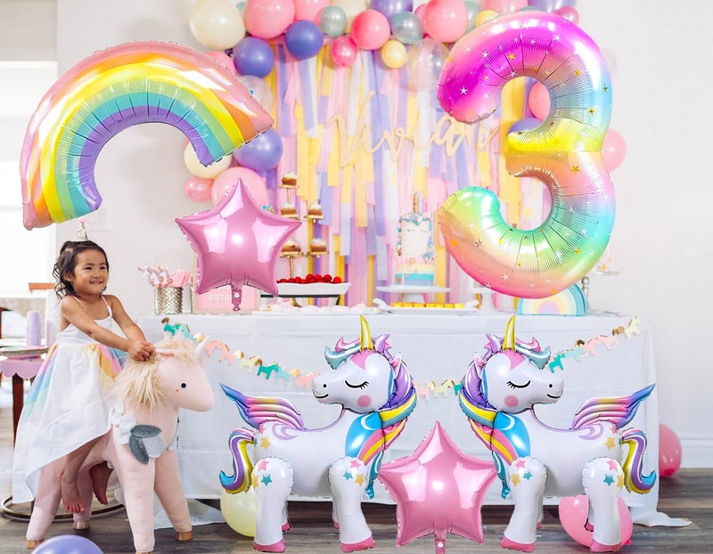 DANIUBE 6PCS Self Standing Unicorn Balloons, Unicorn Balloon, Large Rainbow Balloon, Colorful Number 3 and Star Balloons for Girl 3rd Birthday Party Decorations Supplies.(3rd) - Image 3