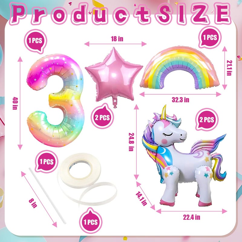 DANIUBE 6PCS Self Standing Unicorn Balloons, Unicorn Balloon, Large Rainbow Balloon, Colorful Number 3 and Star Balloons for Girl 3rd Birthday Party Decorations Supplies.(3rd) - Image 2