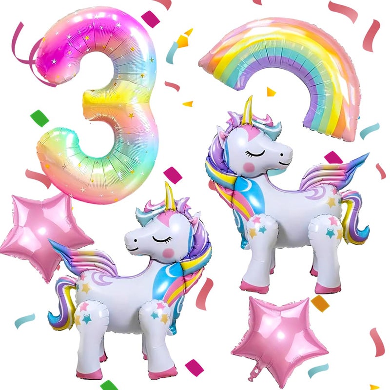 DANIUBE 6PCS Self Standing Unicorn Balloons, Unicorn Balloon, Large Rainbow Balloon, Colorful Number 3 and Star Balloons for Girl 3rd Birthday Party Decorations Supplies.(3rd) - Image 1