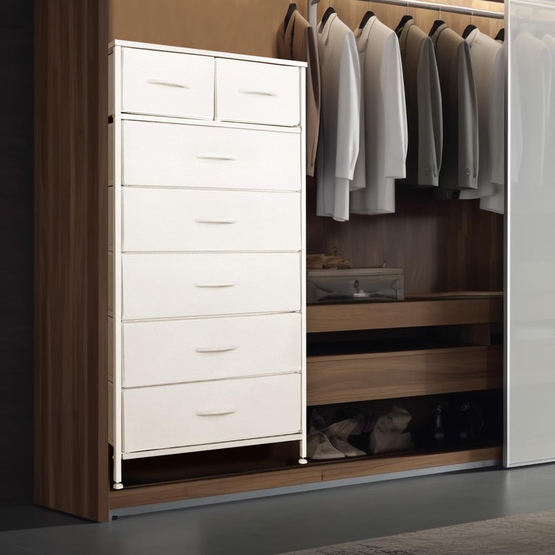 Mifuro Tall Dresser for Bedroom, Vertical Storage Organizer Tower with 7 Drawers, Chest of Drawers with Fabric Bins, Steel Frame, Wood Top for Bedroom, Closet, Entryway- White - Image 3