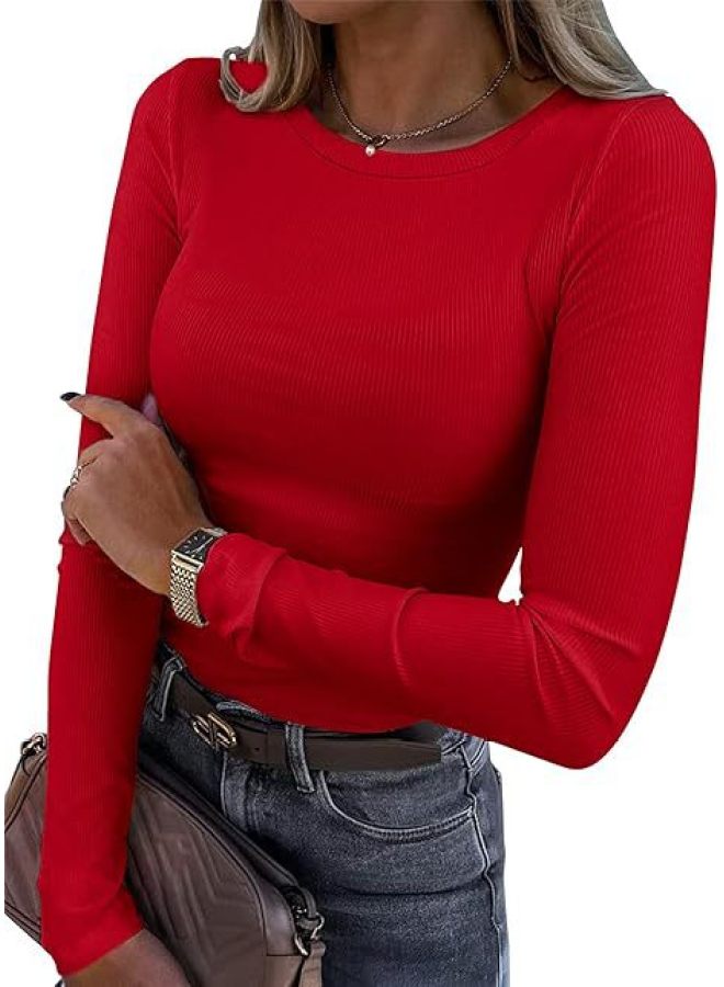 European And American New Women's Long-sleeved Elastic Round Neck Rib T-shirt Slim-fit Casual Basic Top