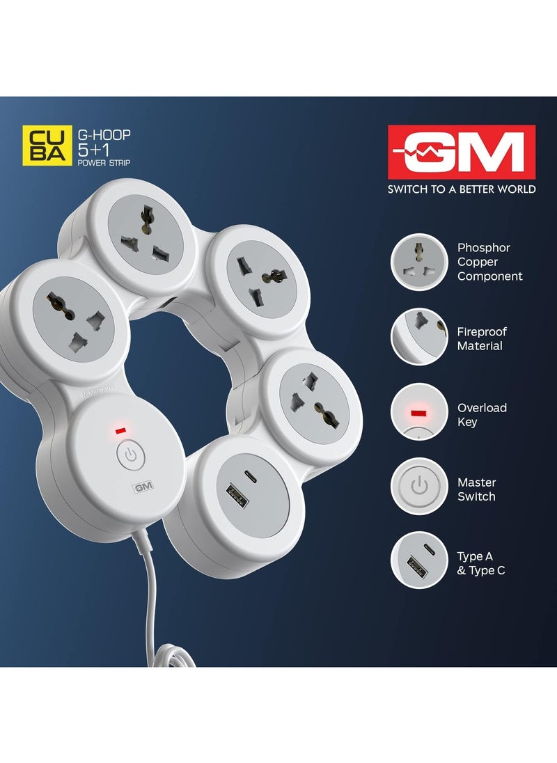 GM 5+1 G-Hoop Spike Guard with A & C Type USB-Master Switch,Indicator, Safety Shutter, 1.8 Mtr Wire with Overload Protection 4 International sockets & 2 USB Port 1 C Type 1 A Type 3.1A