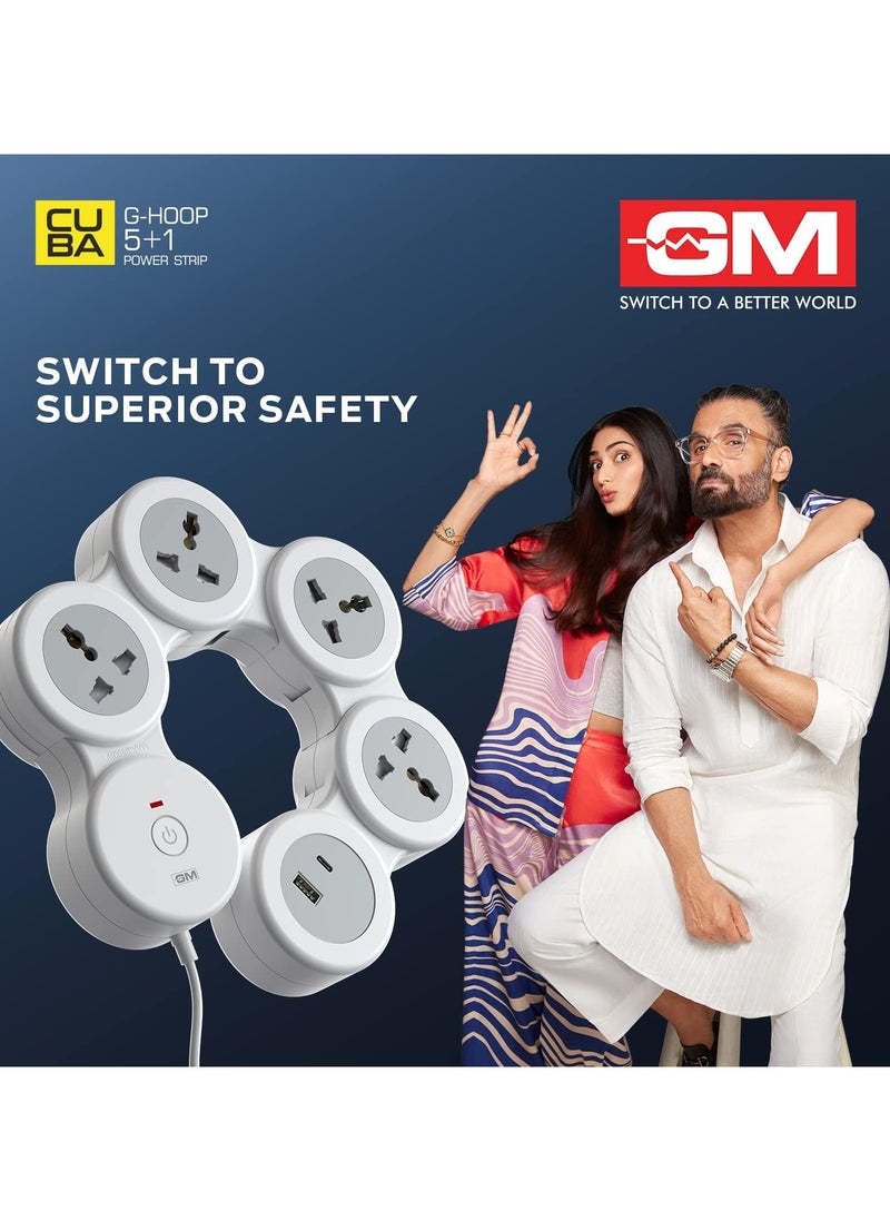 GM 5+1 G-Hoop Spike Guard with A & C Type USB-Master Switch,Indicator, Safety Shutter, 1.8 Mtr Wire with Overload Protection 4 International sockets & 2 USB Port 1 C Type 1 A Type 3.1A